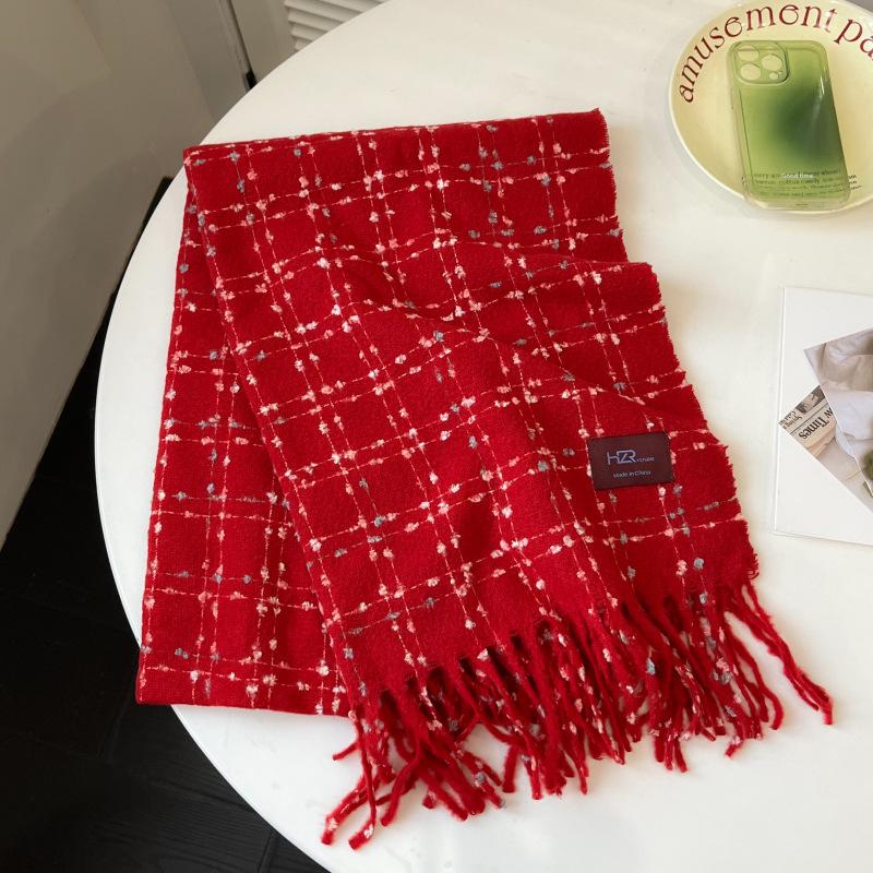 White Plaid Scarf, Women's Winter High-end Sense Versatile Scarf, Student Japanese Color Dot Shawl, Warm and Thickened Outside