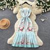 Elegante Vestito Midi con Stampa Floreale Azzurro Chiaro Donna Estate Senza Maniche Spalline Sottili A-line Vacanza al Mare Casual Bodycon Sirena