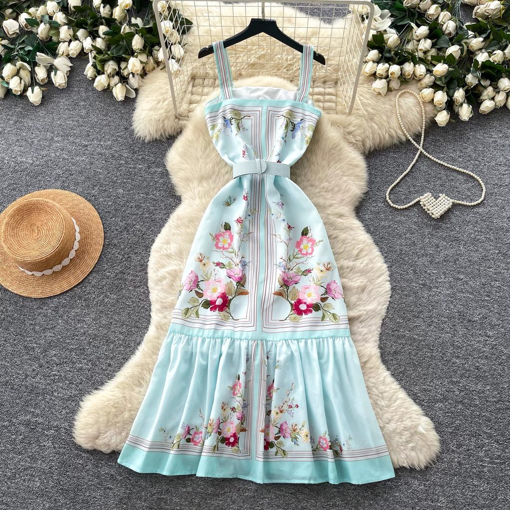 Elegante Vestito Midi con Stampa Floreale Azzurro Chiaro Donna Estate Senza Maniche Spalline Sottili A-line Vacanza al Mare Casual Bodycon Sirena