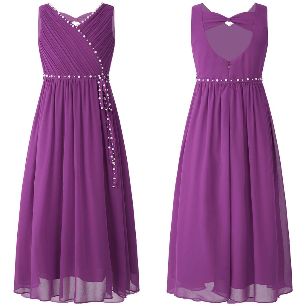 Kids Girls Summer Wedding Birthday Party Dress Sleeveless Ruched Beaded Chiffon Bridesmaid Maxi Dress