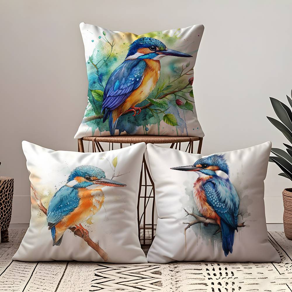 Kingfisher Watercolor Painting Pillow Case Comfort Sofa Bed Silky Elegant Invisible Zipper Custom Decorative Cushion Cover