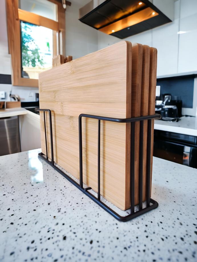 Bamboo Cutting Boards Set Of 4 Kitchen Boards + Steel Stand