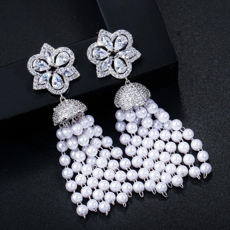 

E0217 Temperament, Long Fringed Pearl Earrings, Super Flash 3A Zircon Earrings, Needle.