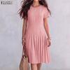 ZANZEA Women Casual Round Neck Solid Color Short Sleeve Summer Pleated Dress