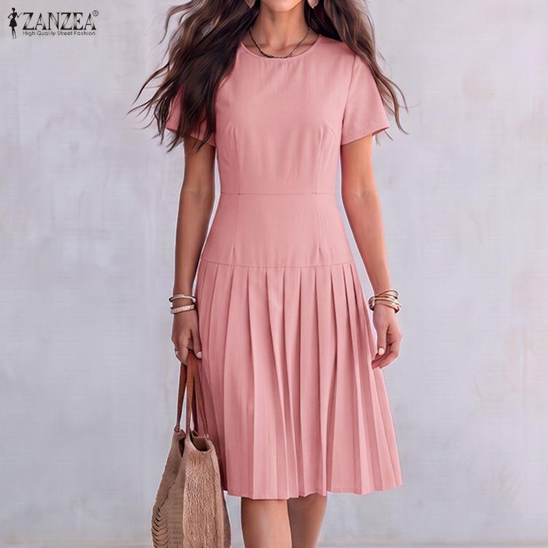 ZANZEA Women Casual Round Neck Solid Color Short Sleeve Summer Pleated Dress