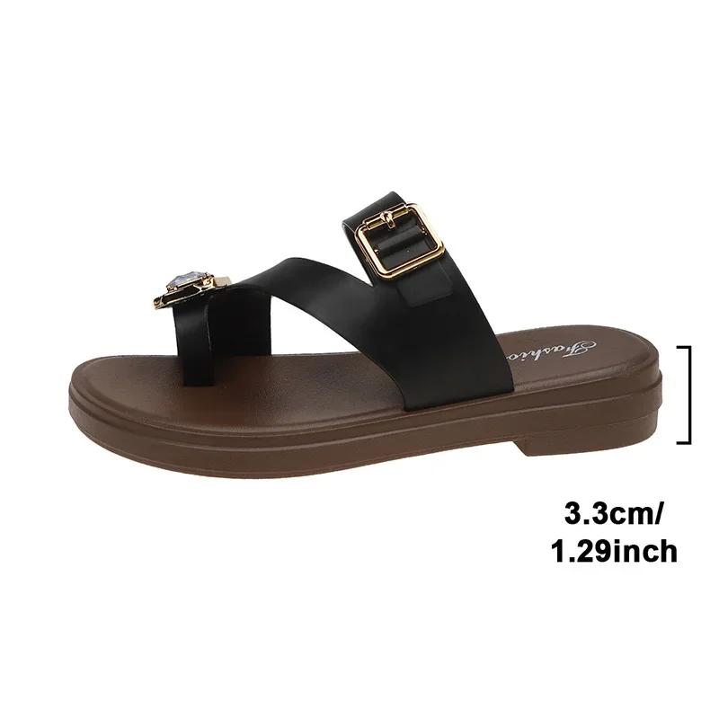 Fashion Large Shiny Crystal Flat Sandals Women Plus Size Metal Buckle Decor Clip Toe Slippers Summer Thick Sole Platform Casual Slippers
