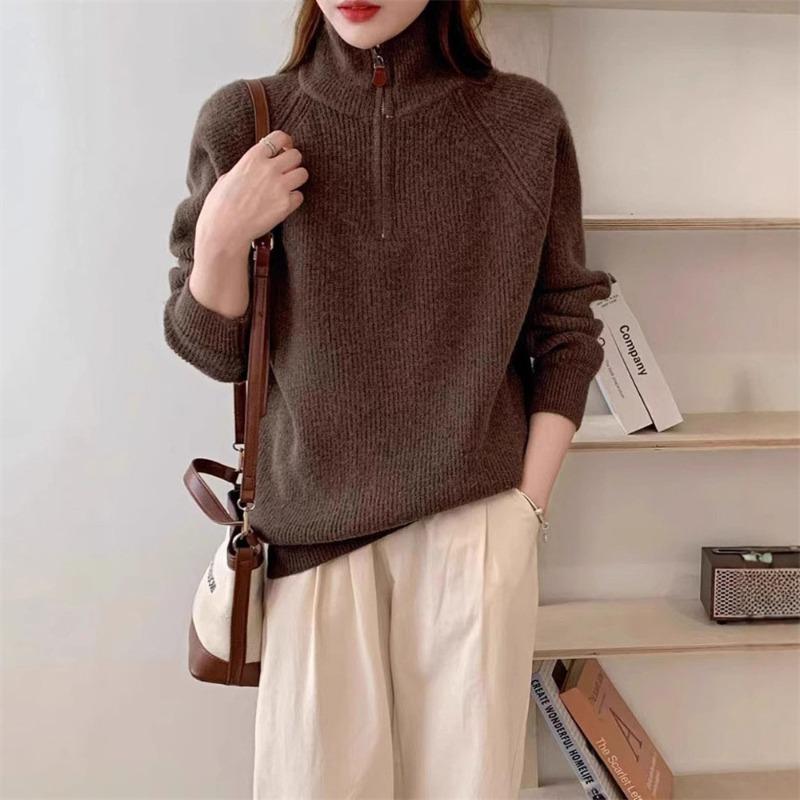 Half zipper pullover knitted sweater autumn and winter new age-reducing design sense loose and thin lapel lazy sweater women's top