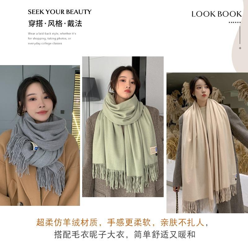 New solid color imitation cashmere scarf women's autumn and winter versatile high-end shawl warm thickened scarf dual-purpose