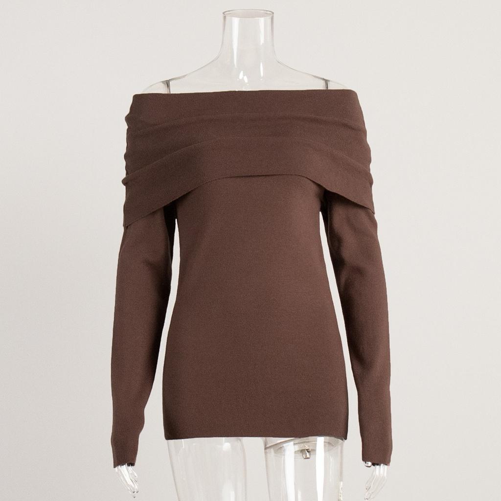 2025 Autumn Winter Women's Sweater Long Sleeve Knitted Crop Top Off Shoulder Sexy Slim Fit Basic Pullover