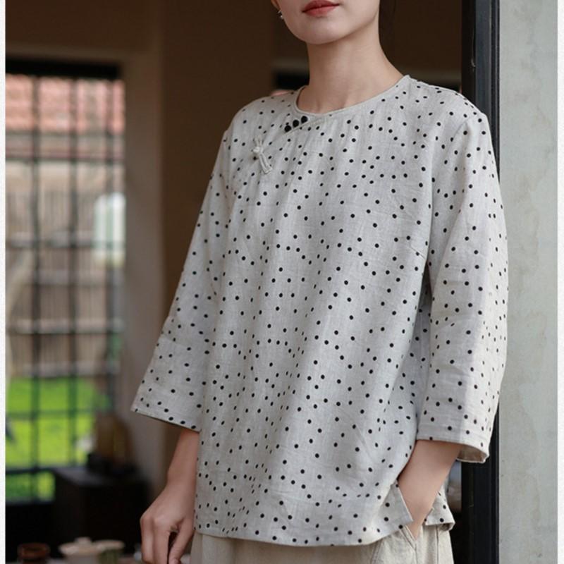 Johnature Women Chinese Style T-Shirts O-Neck Seven Sleeve Spring Loose Polka Dot Women Casual T-Shirts