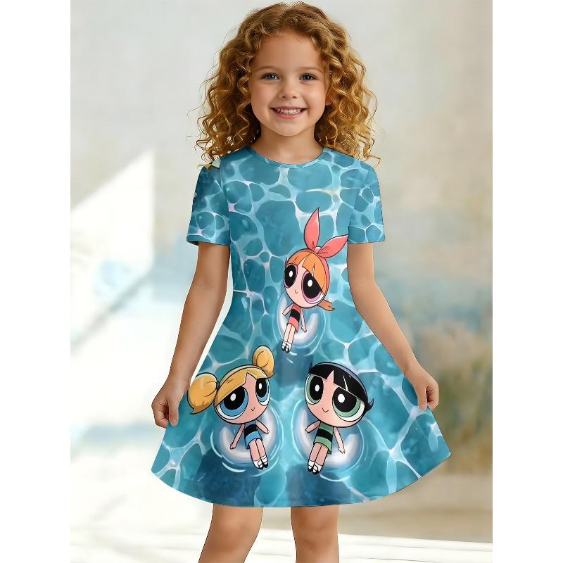 3D Cute Printed Dress for Young Girls, Short Sleeved Round Neck Children's Party A-line Dress Suitable for Birthday Gifts