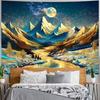 Magical Mountain River Tapestry, Golden Moon & Starry Sky Over Snowy Peaks Print, Wall Hanging for Nature Aesthetic Decor