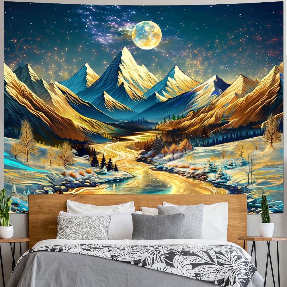 Magical Mountain River Tapestry, Golden Moon & Starry Sky Over Snowy Peaks Print, Wall Hanging for Nature Aesthetic Decor