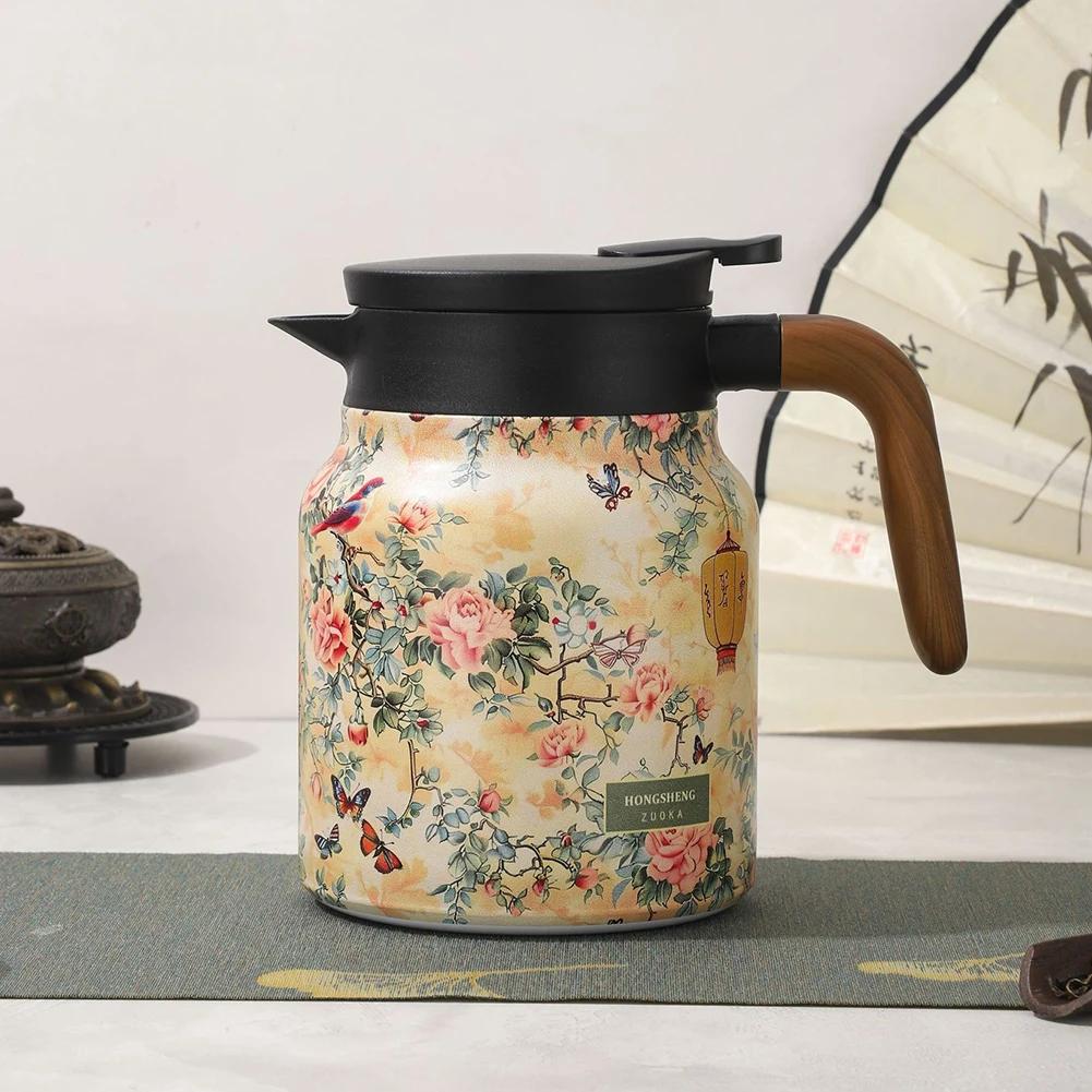 1000ML Double-Layer Vacuum Insulation Tea Pot Floral Pattern Stainless Steel Teapot Built-in Infuser Water Kettle for Hot Drinks