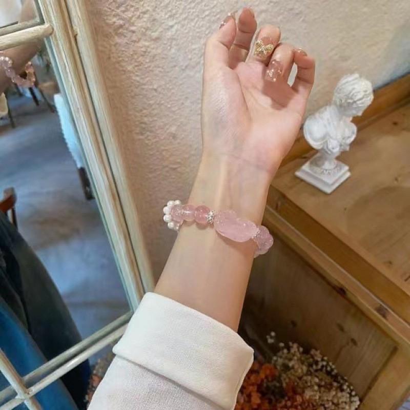 Handmade Pink Quartz Bracelet Women With Pixiu Charm Natural Rose Crystal Beaded Wristband Sweet Style
