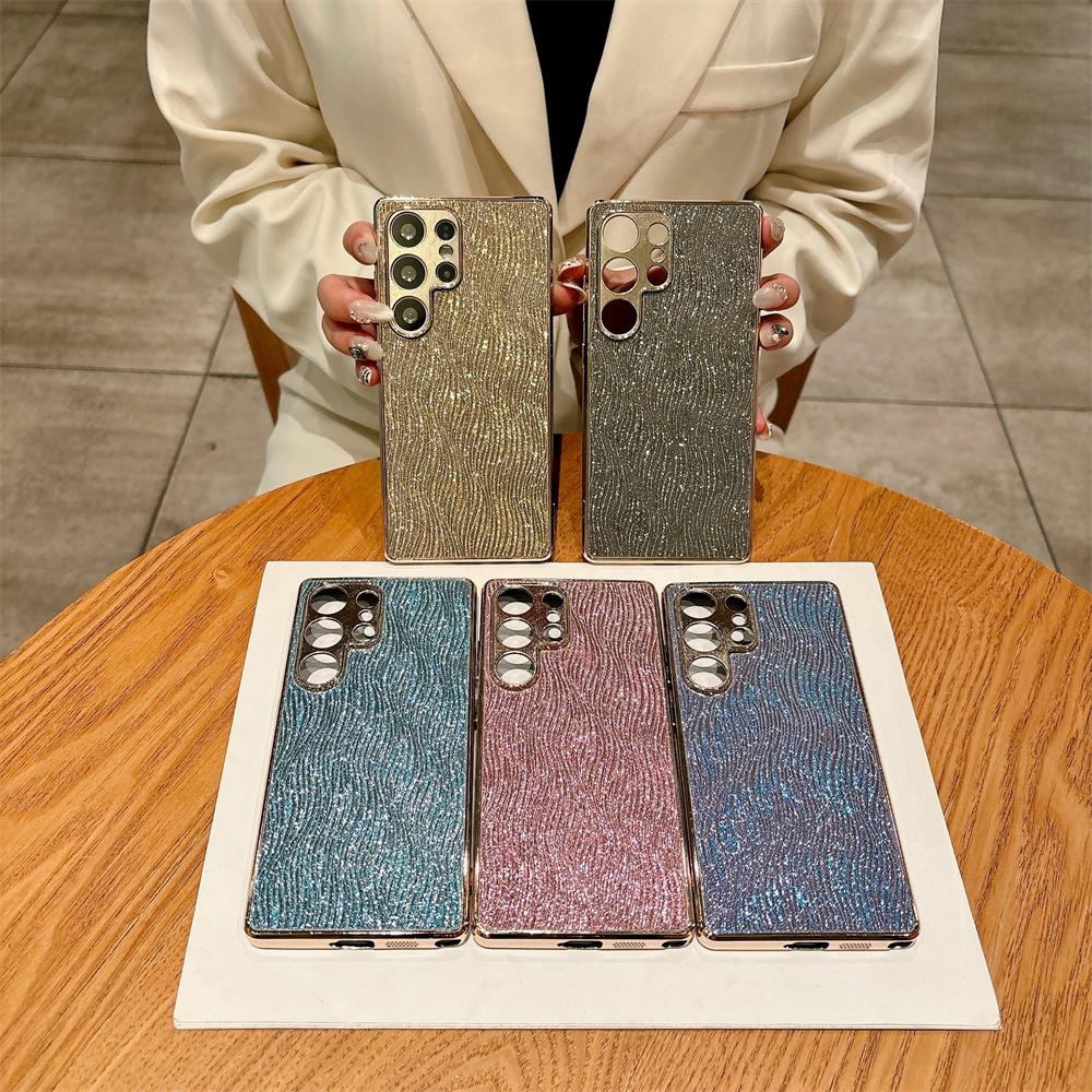 Glitter Water Flow Pattern PU Leather Case for Samsung Galaxy S25 Edge S24 Ultra S23 FE Plating Camera Lens Protection Cover