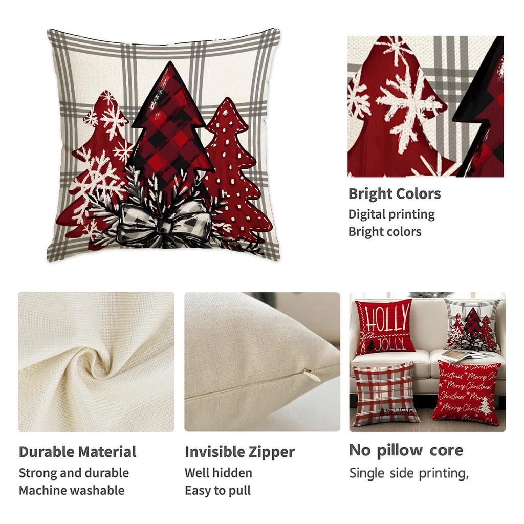1/4Pcs Red Christmas Pillowcase Snowflake Bow Grid Christmas Tree Single Sided Printed Cushion Cover, Christmas Decorations