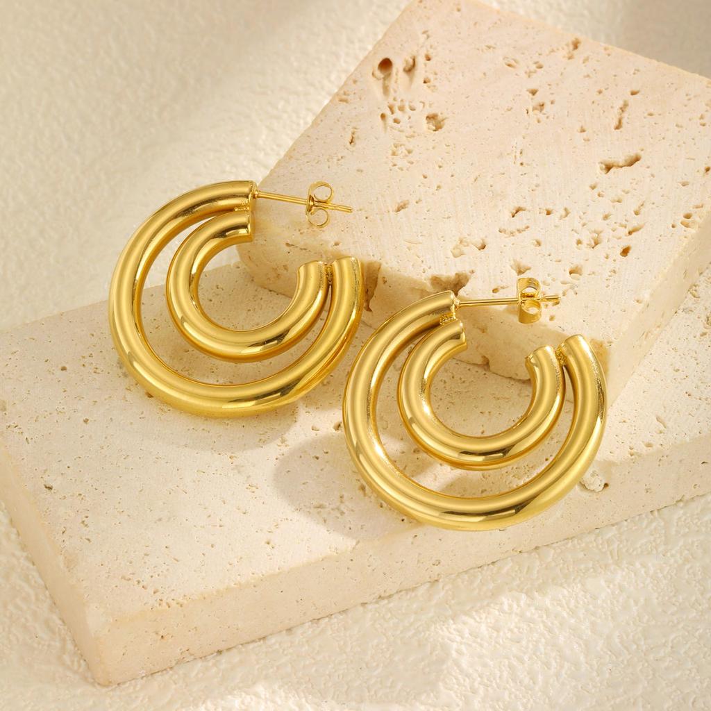 Classic C-shaped Earrings for Women,Gold Plated Stainless Steel Double Round Tube Earrings,Unique Jewelry Mother's Day Gift