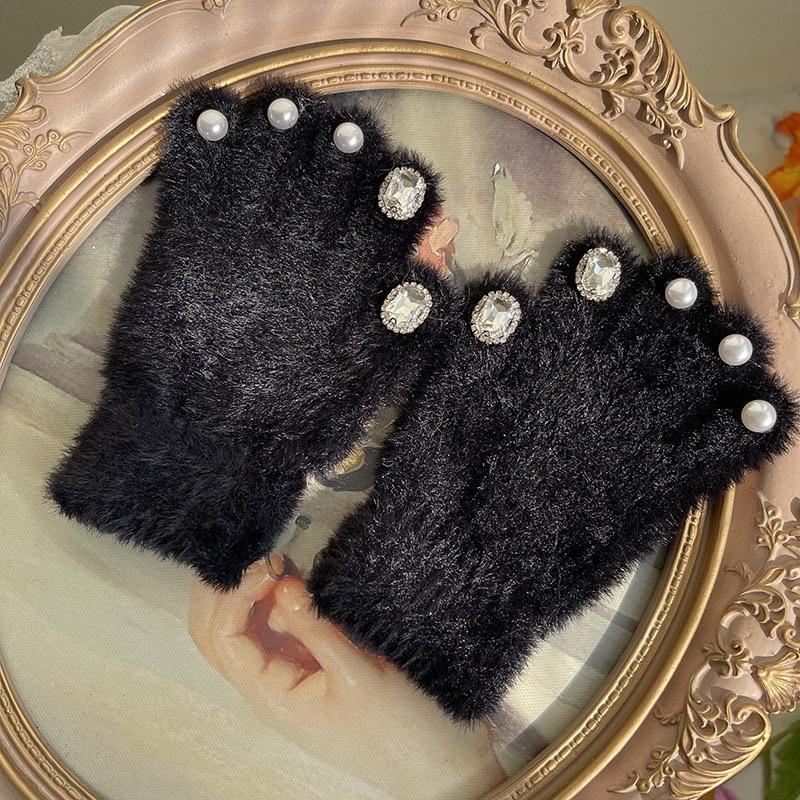 Women's rhinestone gloves New winter velvet thickened thermal gloves Student riding five-finger mink gloves