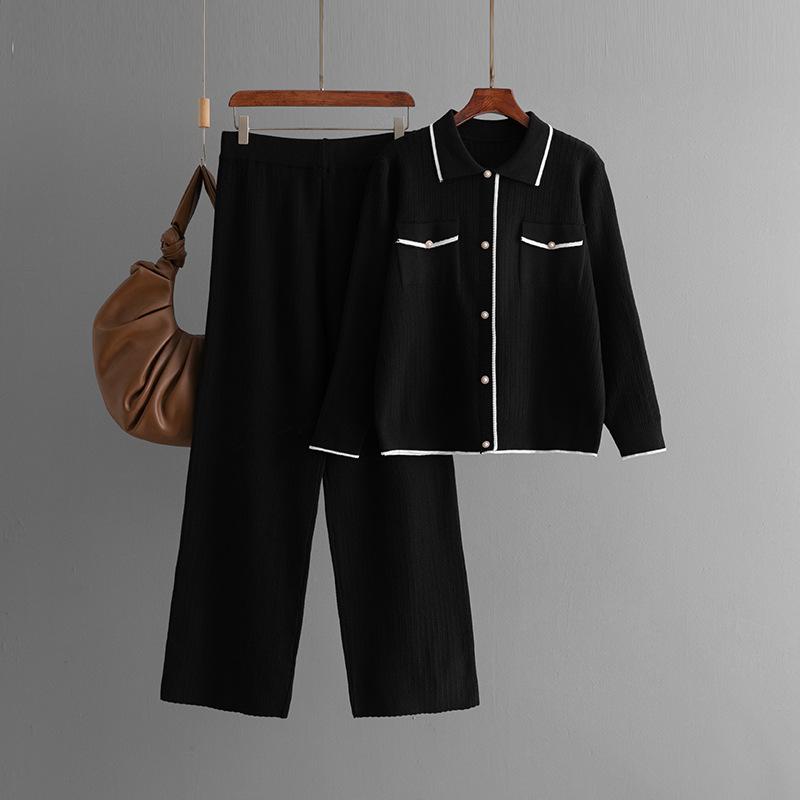 French Style Knitting 2pcs Suits Women Fake Pocket Single Breasted Polo Neck Top+Long Pants Fashion Two Pieces Sets