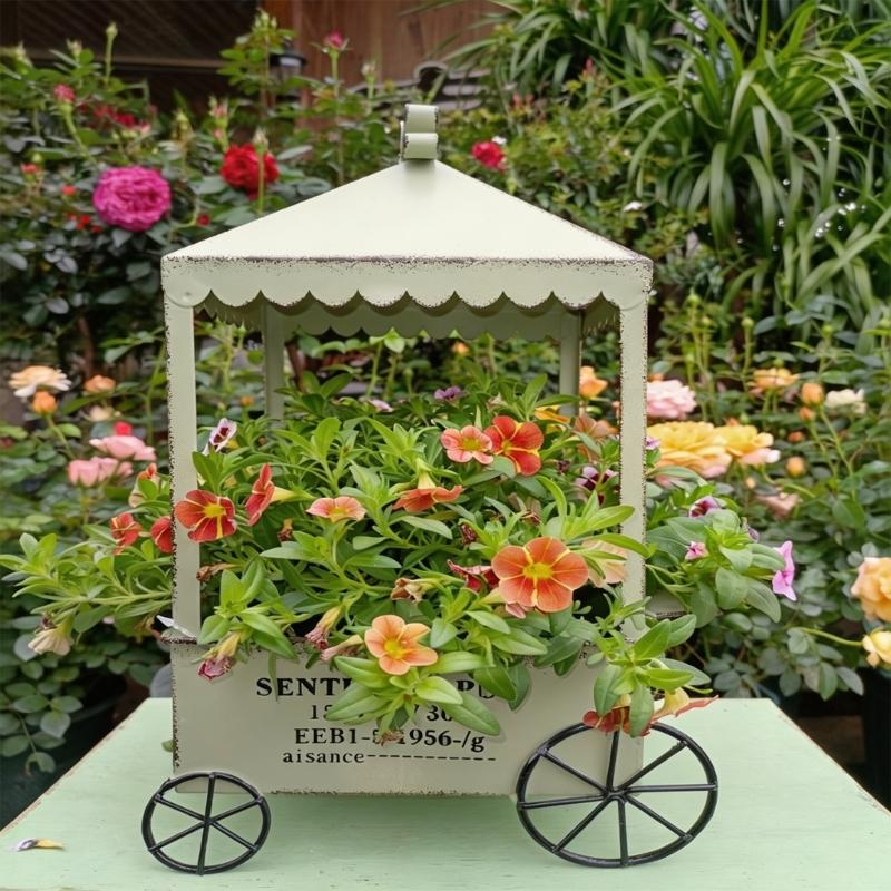 Decorative Garden Flower Cart Planter, Iron Wagon Pot Display with Canopies and Open Storage Tray for Home Patios Courtyards Display