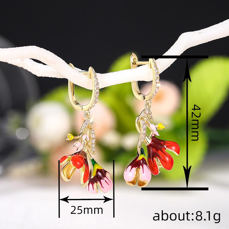 Metal-plated pastoral flower earrings, painting oil heavy industry small fresh earrings, lady vacation earrings