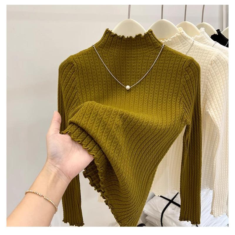 Autumn Winter Semi Turtleneck Knitted Pullover Women Sweater Casual Simple Bottoming Shirt Office Basic Pleated Solid Color Tops New Woman Clothing