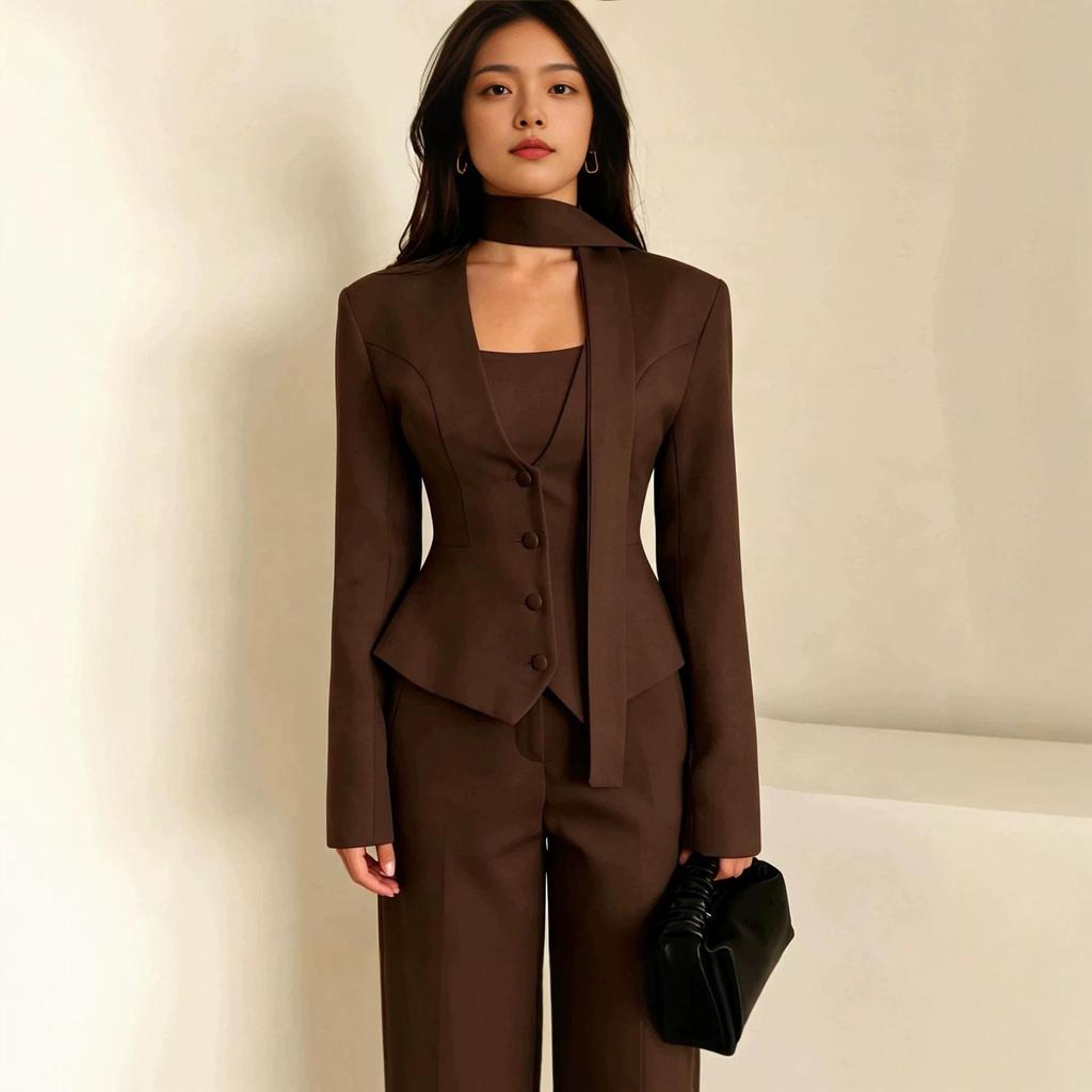 2026 Women's V-neck Scarf Decor Long Sleeve Casual Suit Jacket