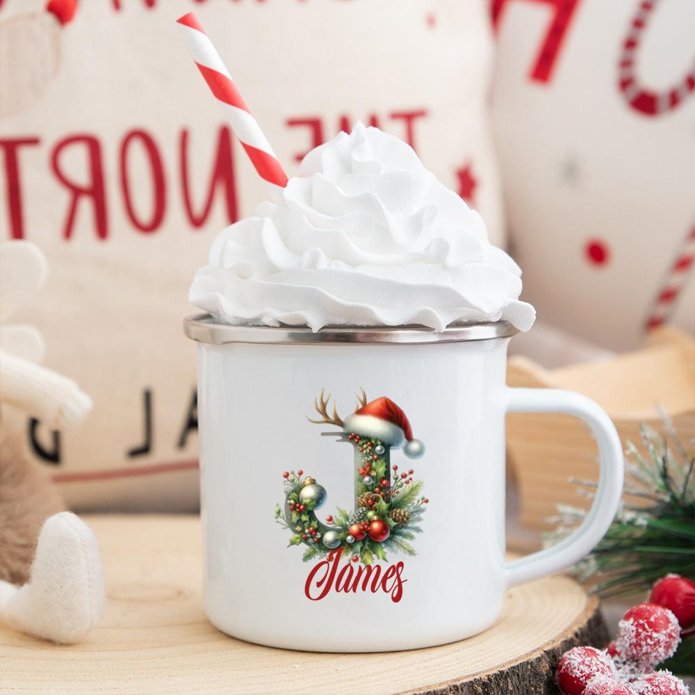 Personalisierte Tasse mit individuellem Namen 26 Buchstaben Emaille Weihnachtsbecher, Geschenk für sie, Weihnachts-Kaffeetasse, Frohe Weihnachten Geschenk