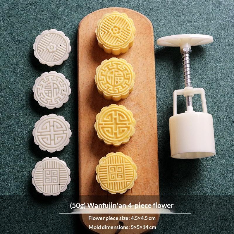 Plastic Hand Press Mooncake Mold No Oil Demold Needed with Multiple Pattern Stamps for Home Beginner Baking