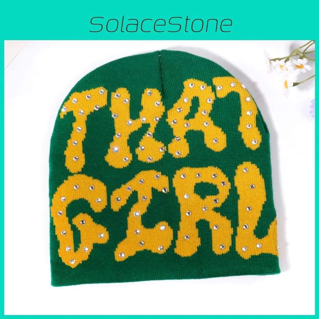 Pattern Letter Fashion Rhinestone Decoration Women Casual Warm Hat Knitted