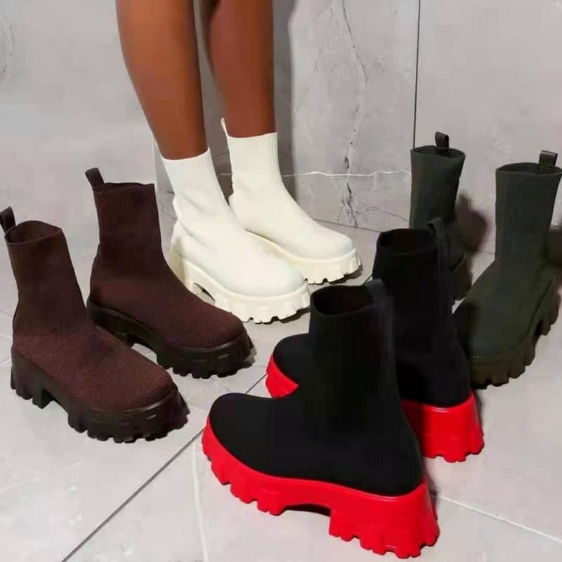 Women's Knitted Ankle Sock Boots - Slip-On Low-Top Casual Sneakers with Round Toe and Non-Slip Rubber Sole - Comfortable & Stretchy Winter Shoes