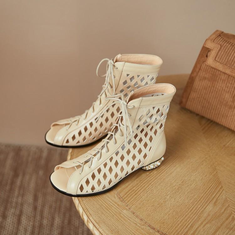 Fashion Cowhide Hollowed Out Cross Strap Fish Mouth Cool Boots Spring Summer Women Electroplated Full Diamond 3cm Low Heel Sandals 33-44