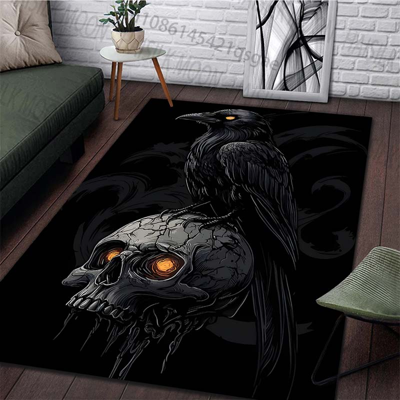 1PC Raven perched on glowing skull Print Carpet Rug for Living Room Bedroom Sofa Doormat Home Decor Non-slip Floor Mat
