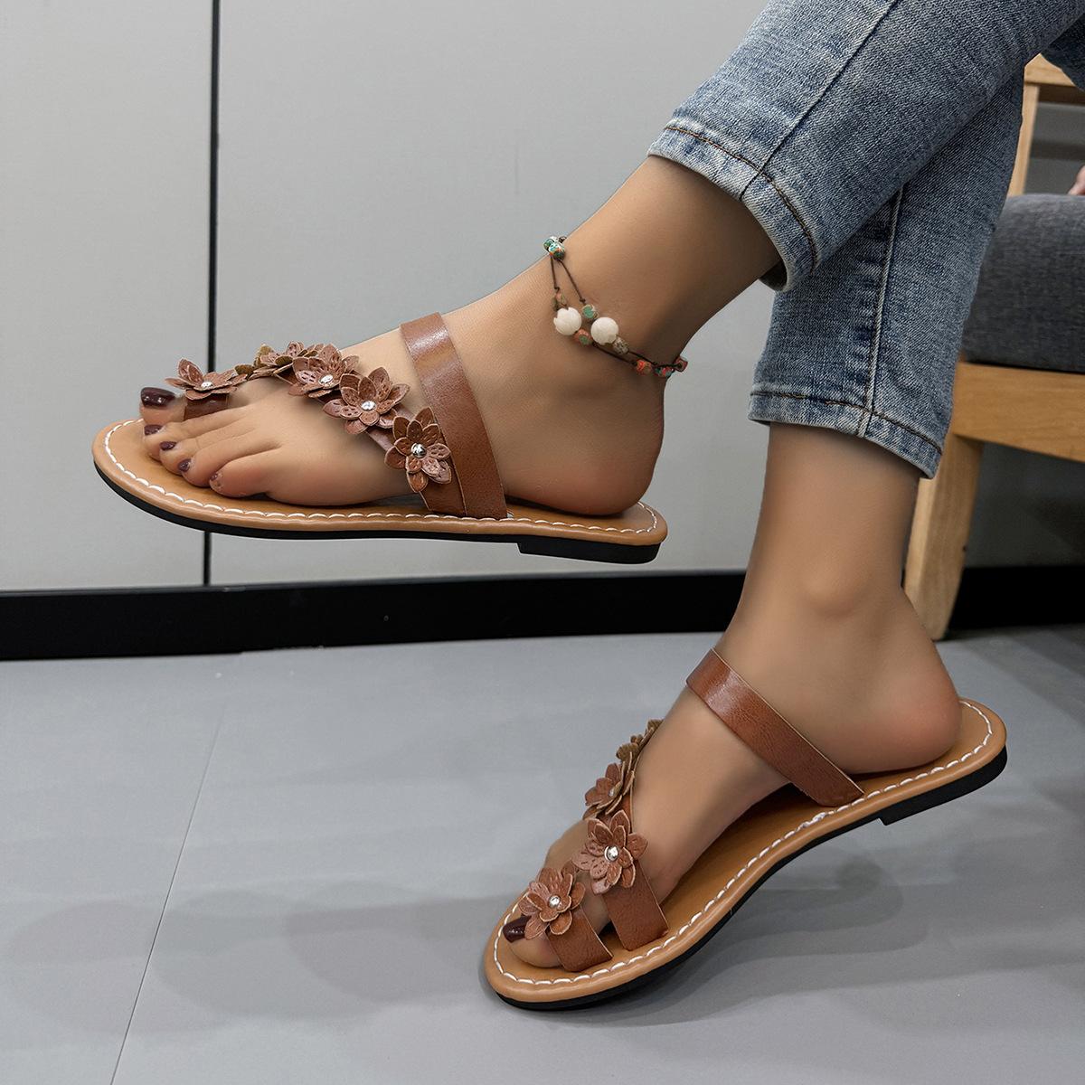 

Летние женские модные аксессуары сандалии с цветочным принтом, нескользящие мягкие сандалии на плоской подошве 43