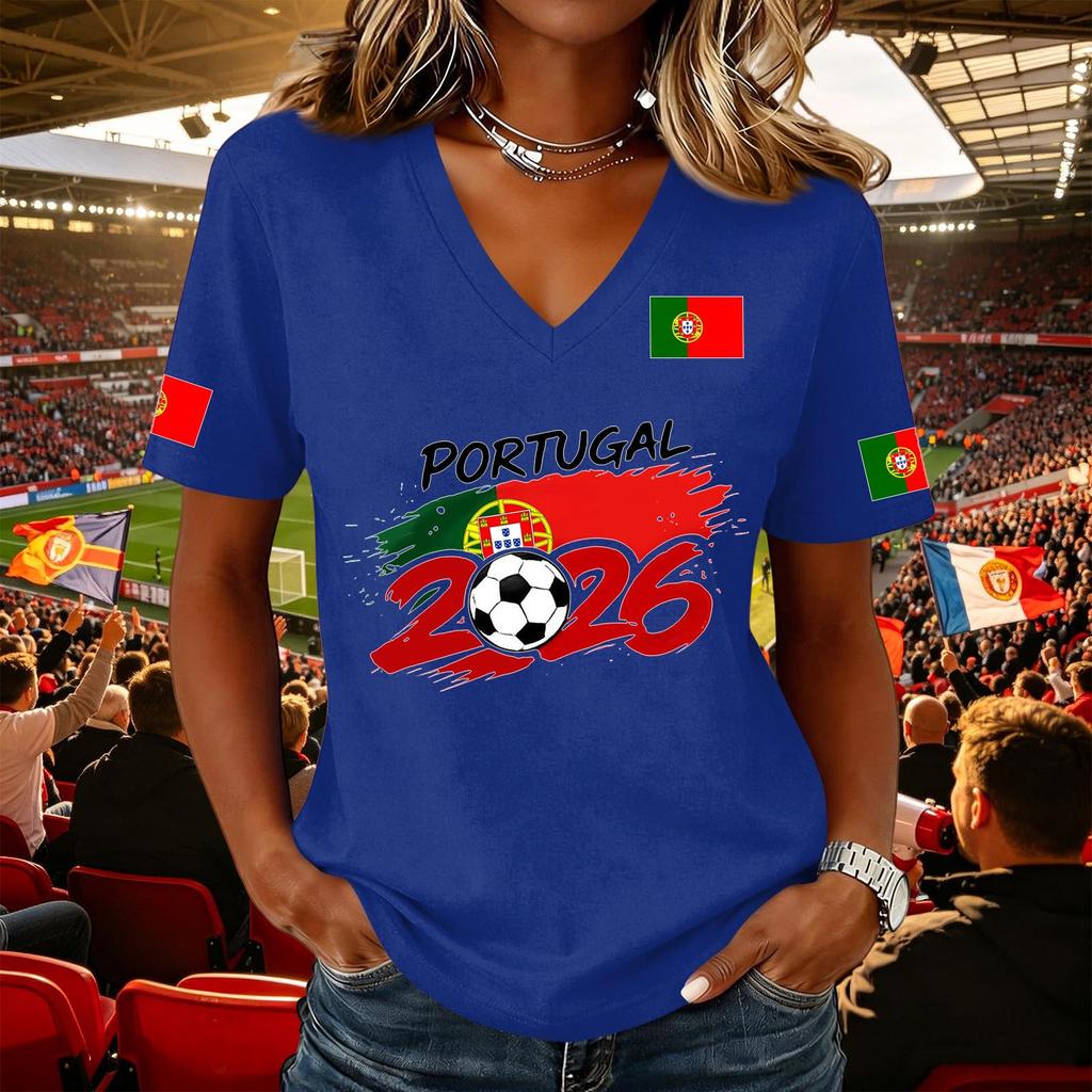 Women V Neck Pullover Short Sleeve Casual T Shirt Soccer Flag Print Portugal Support Top for Fans