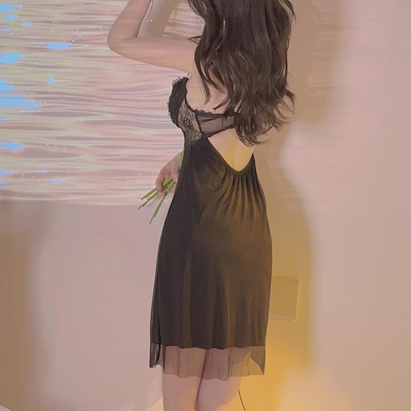 Sexy Pajamas Women's Backless Mesh Solid Color Summer Wear with Breast Pads Fall Relaxed Nightgown Set Women's Home Clothes