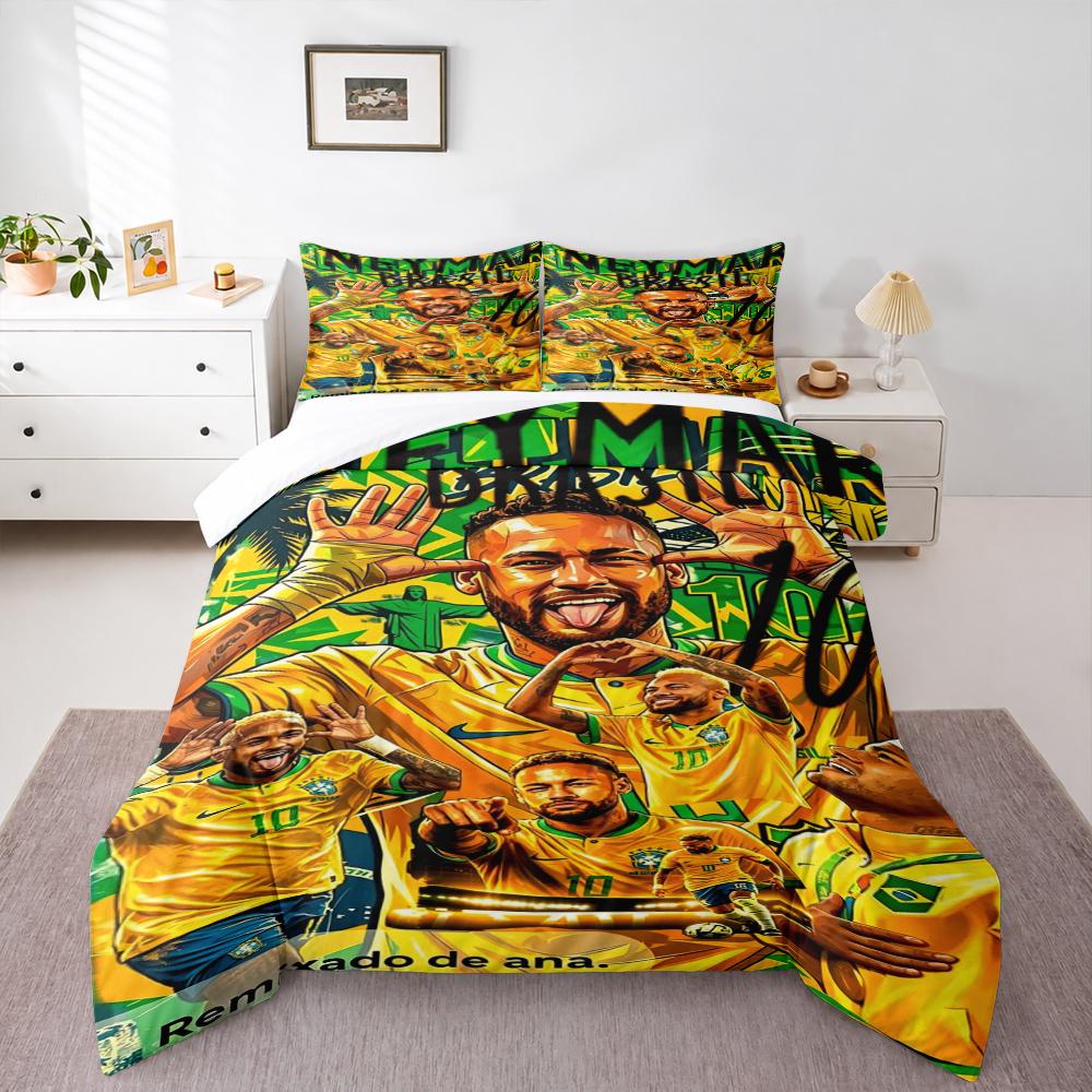 3 Piece Bedding Set with Duvet Cover and 2 Pillowcases - Neymar Jr Brasil Pop Art Collage Print - Yellow Green Soccer Decor for Fans
