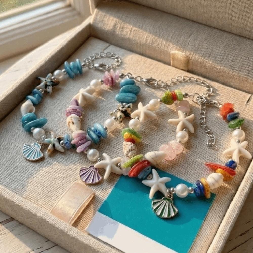 Vintage Ocean Sea Series Shell Starfish Bracelet Pearl Colorful Beach Beads Bracelet Wristband Adjustable Summer Bangle Vacation