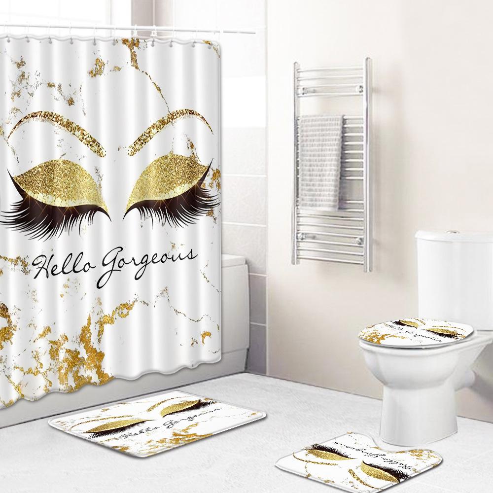 Marble Texture Printing Bathroom Non-Slip Floor Mat Shower Curtain Combination Carpet European And American Style