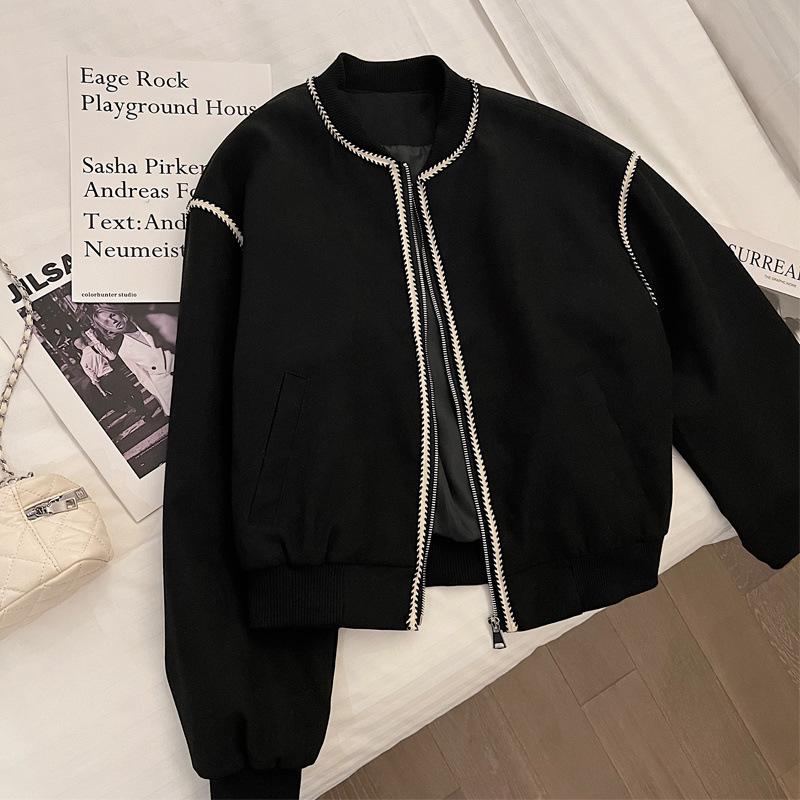 Women's Baseball Jacket Spring and Autumn Style Chic and Elegant Black Top Short Jacket