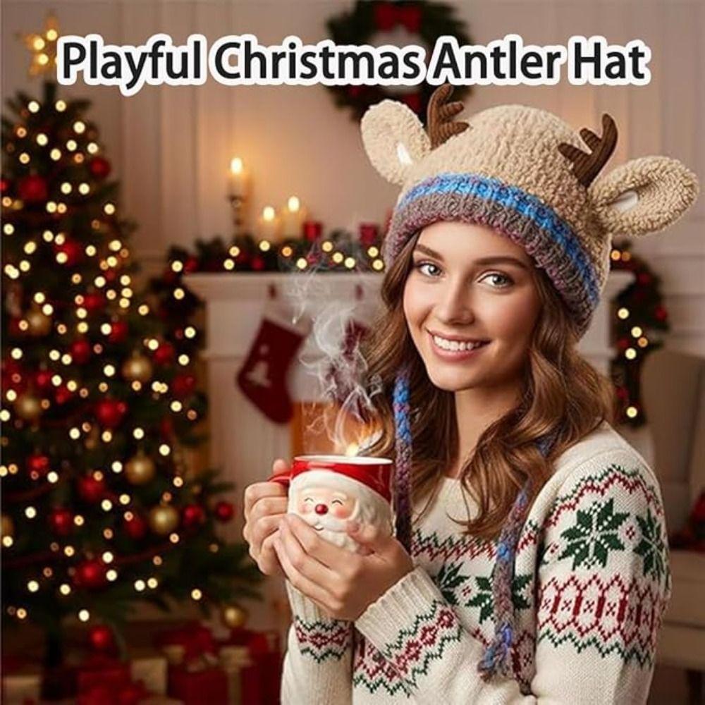 Windproof Knitted Deer Antler Hat Plush Fur Festival Christmas Antler Hat New Cycling Cap Outdoor