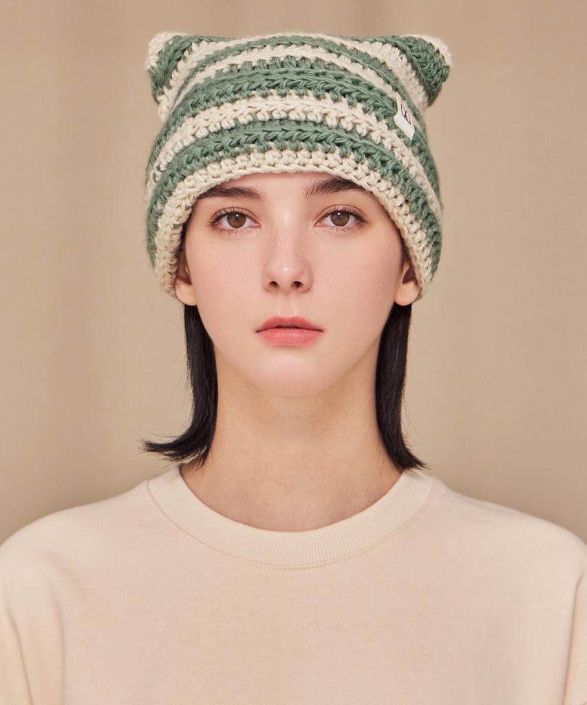 Bajal Square Label Striped Crochet Beanie Green