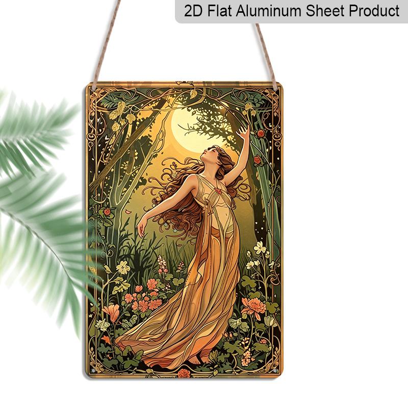 2D Flat Vintage Garden Girl Aluminum Wall Art- 8x12 Inches, Elegant Forest Scene with Flowing Dress& Blooming Flowers, Perfect for Indoor/Outdoor