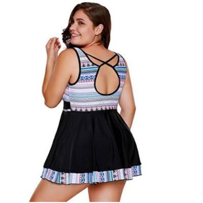 Elegant Womens Fashion Plus Size V Neck Skirted Print Front Tankini Swimsuit