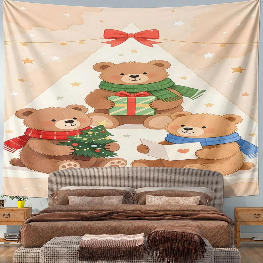 Cute Christmas Bears with Gifts and Tree Pattern Wall Hanging Tapestry Decorative Tapestry Home Decor for Bedroom and Living Room