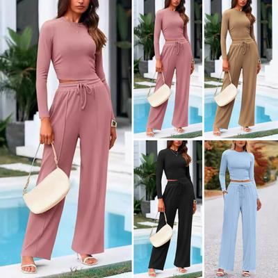 2 Pcs/Set Women Top Pants Suit Round Neck Long Sleeves Slim Fit Top High Waist