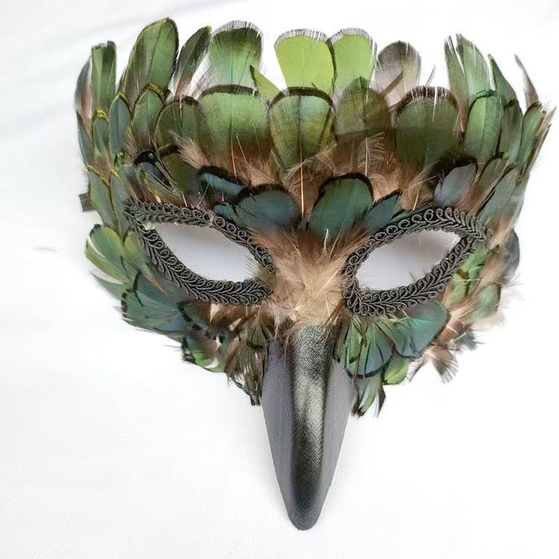 Handmade Peacock Feather Beak Mask Venetian Masquerade Halloween Crow Long Nose
