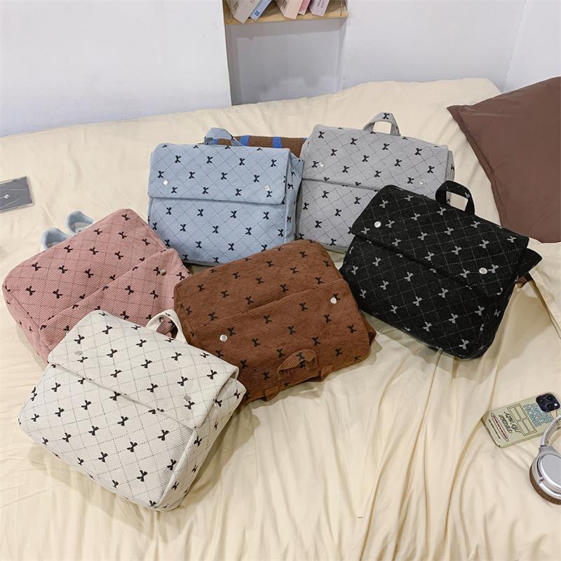 Vintage Corduroy Backpack Women's Bow Print Large Capacity Backpack