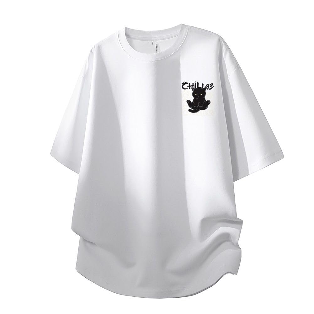 [Liaziong] Summer T-shirt for Men, Short Sleeve, 100% Cotton, Plus Sizes, Cute Cat Print, Crew Neck, Half Sleeve Top - White - 2XL